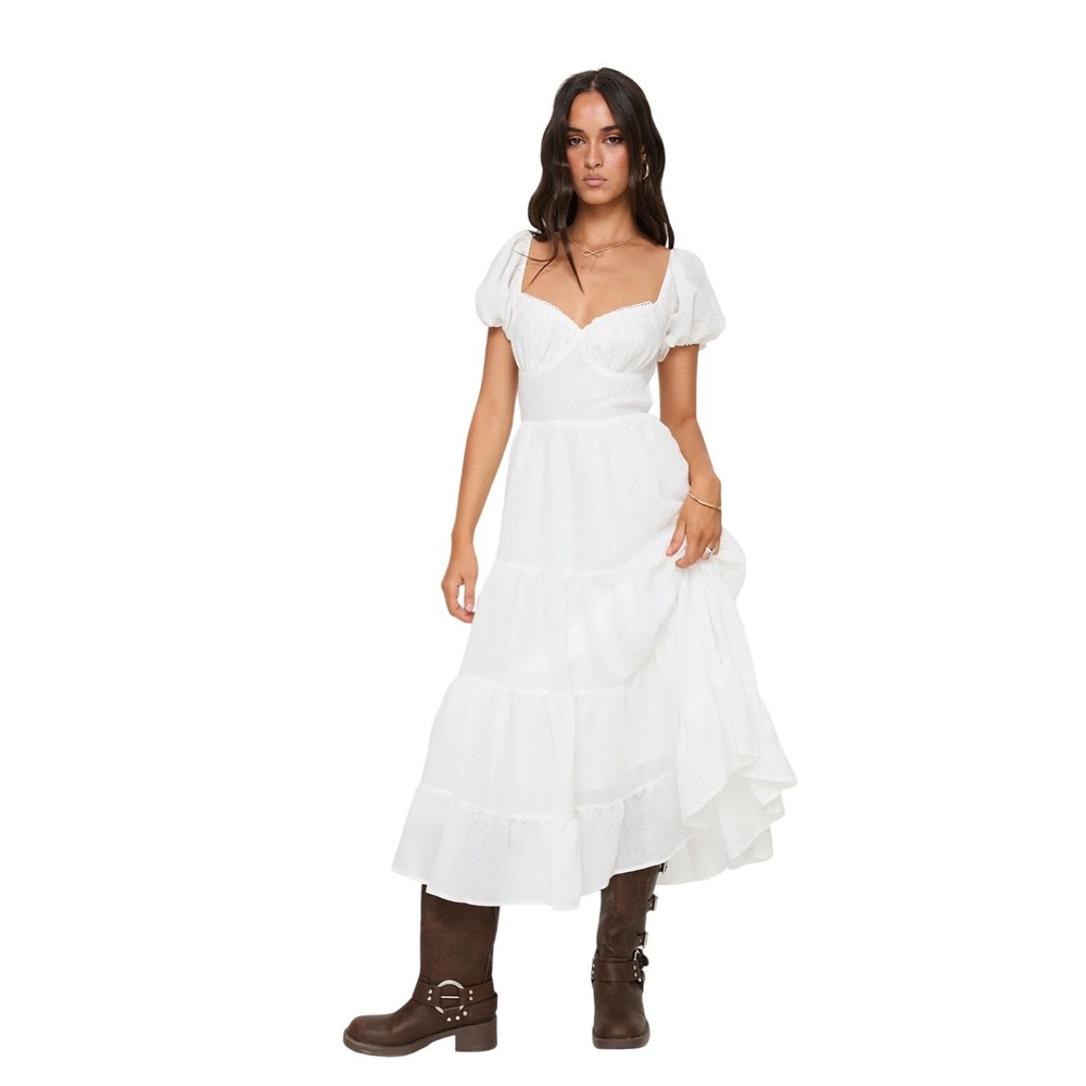 Princess Polly Danny White Cotton Tiered Puff Sleeve Midi Dress Tie Back size 12 - Picture 12 of 14